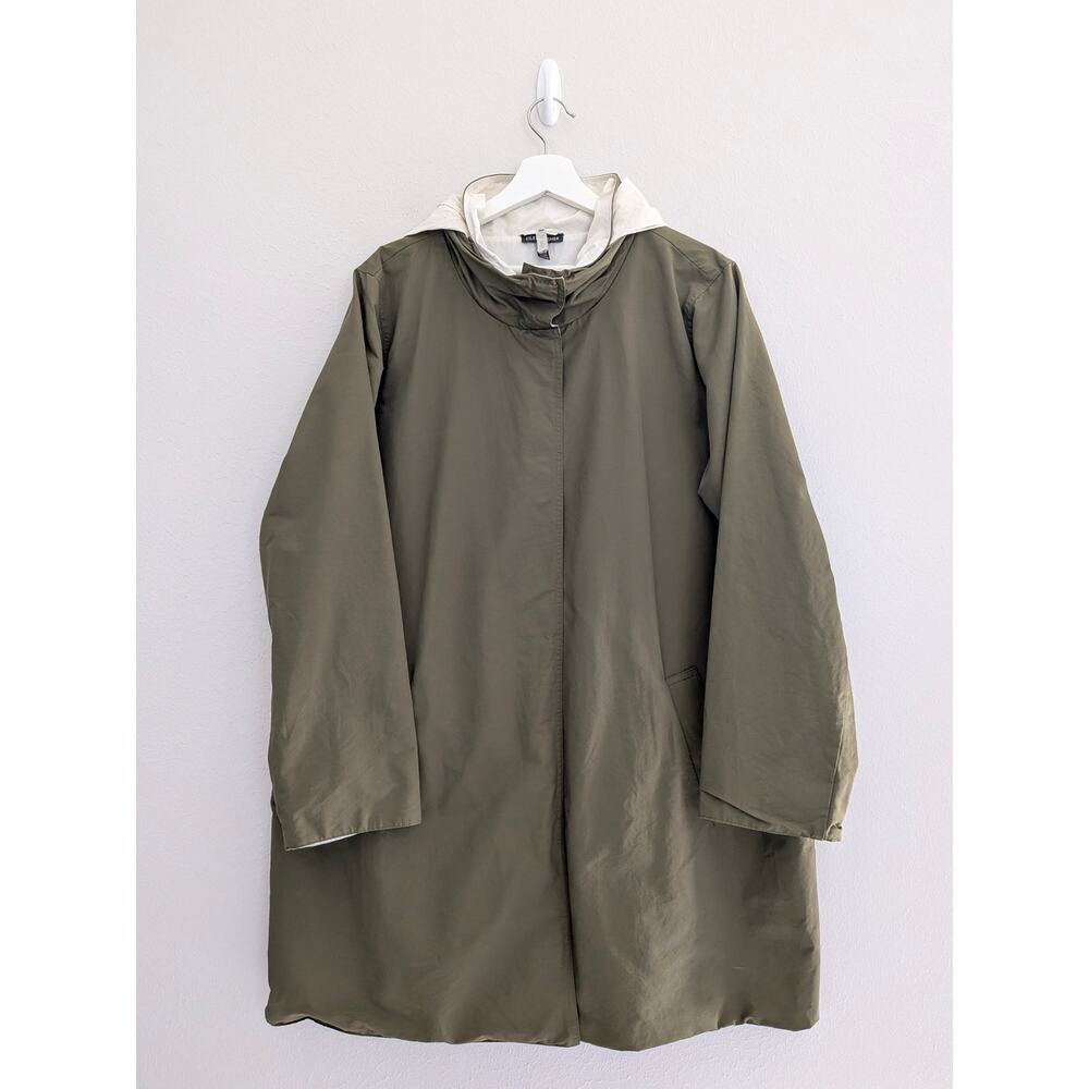 Eileen Fisher EUC Cotton Nylon Reversible Rain Hooded Coat Magnetic XL Jacket - Picture 2 of 8